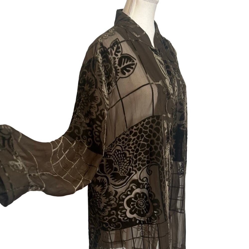 Coldwater Creek Burnout Velvet Duster Blouse Sheer Mocha Floral Y2K - Picture 7 of 15